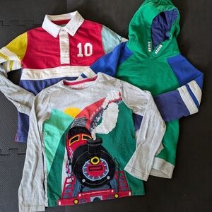 3 Mini Boden Tops Boys 7-8 Rugby Shirt, Colorblock Hoodie, Embroidered Long Tee